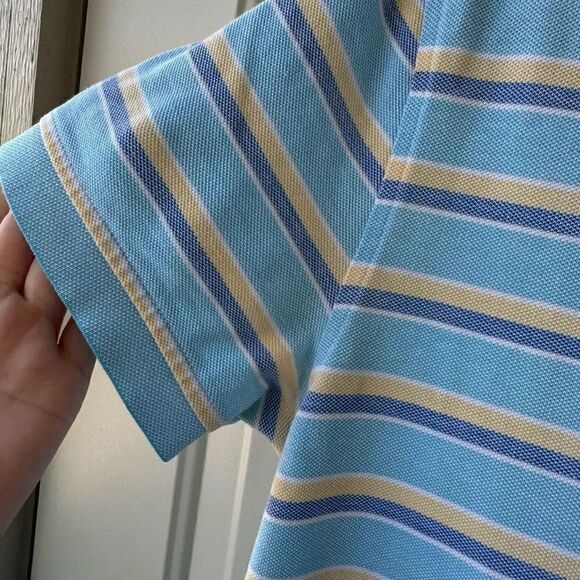 Brooks Brothers Men’s Large Performance Series Blue Yellow Stripe Polo Shirt - Picture 2 of 6